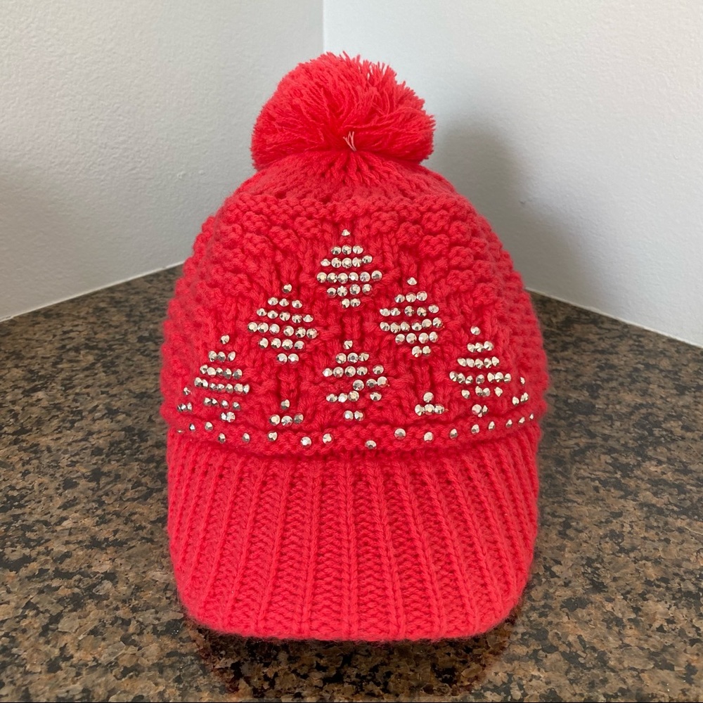 Fall Winter Rhinestones Diamond Pattern Pink Red Knitted Pom Pom Beanie Cap Hat